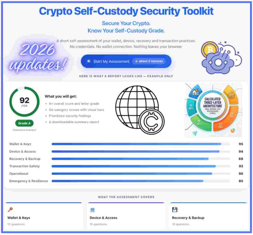 Infographic of Crypto Security Checklist 2026 explained Crypto Self-Custody Security Toolkit, build a Fortress for Your Digital Assets
