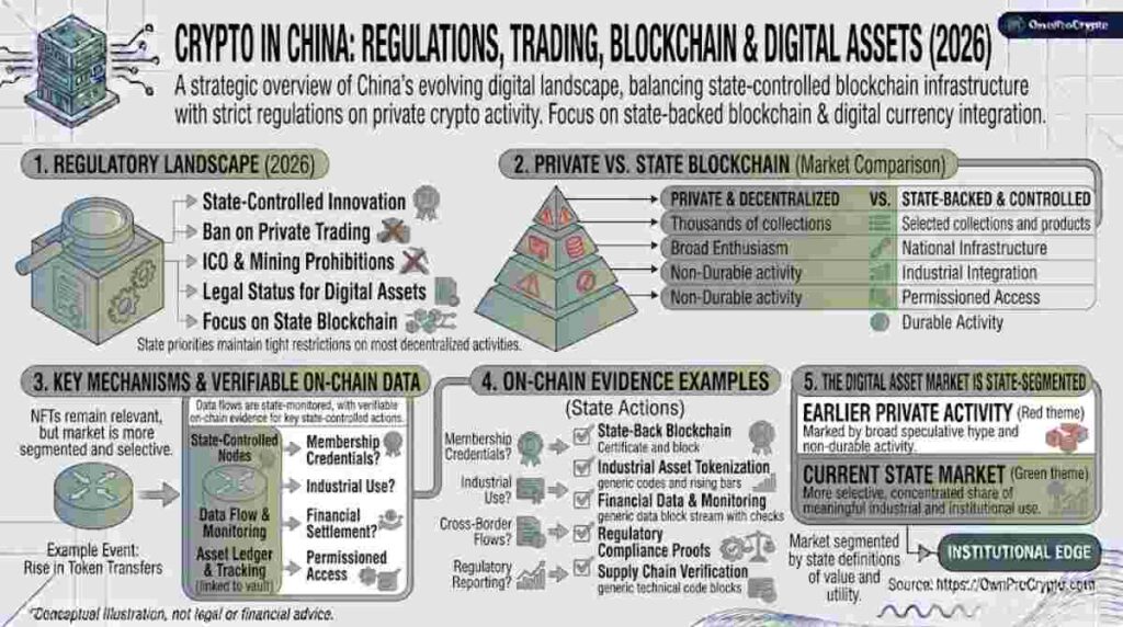 Infographic of Crypto in China: Regulations, Trading, Blockchain & Digital Assets (2026)