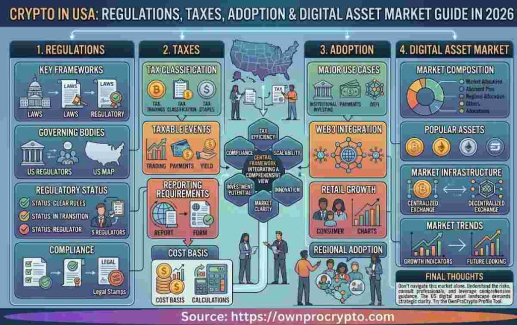 Infographic of Crypto in USA: Regulations, Taxes, Adoption & Digital Asset Market Guide in 2026