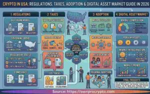 Infographic of Crypto in USA: Regulations, Taxes, Adoption & Digital Asset Market Guide in 2026