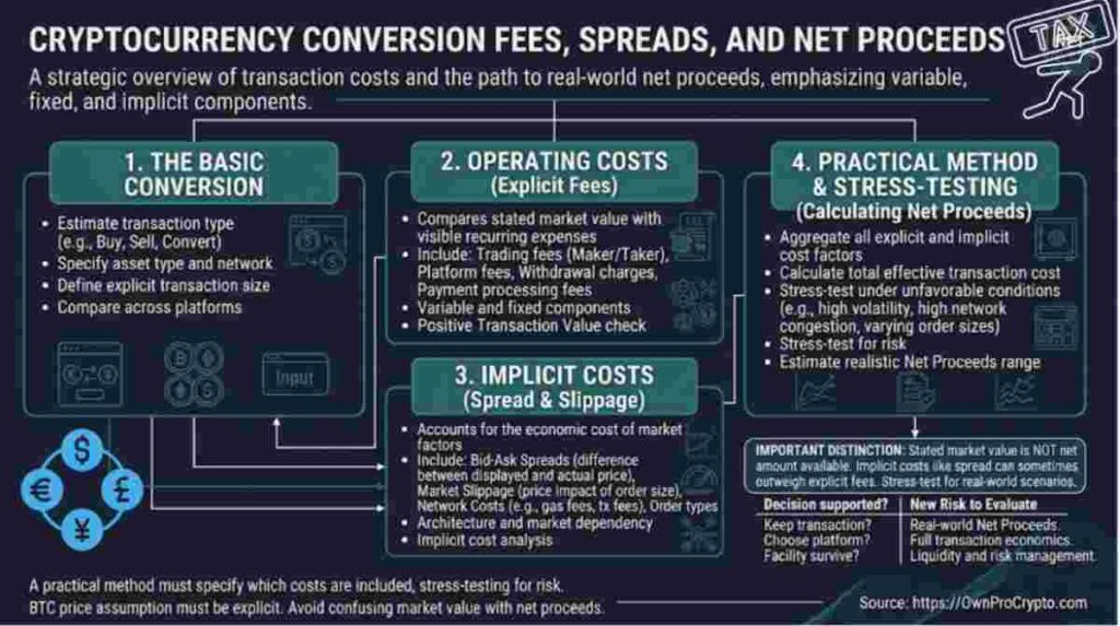 Infographic of Cryptocurrency Conversion Fees, Spreads, and Net Proceeds